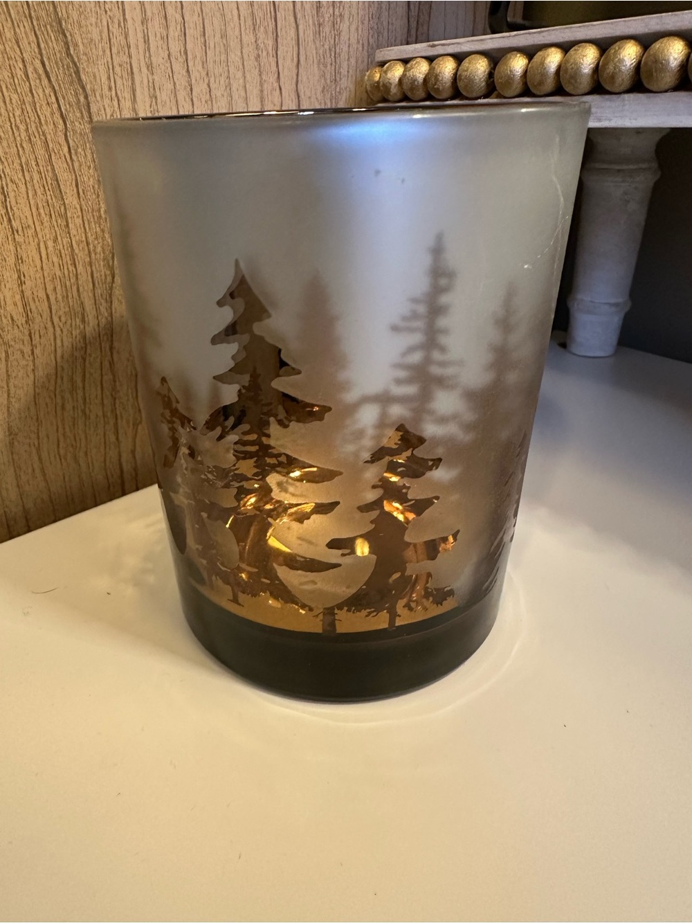 Frosted Glass Tree Votive Holder with Gold Accent